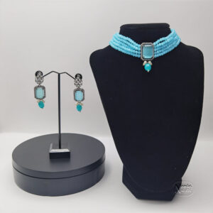 Blue Stone Beads Choker With Earrings