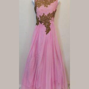 Pink Full Frock with Golden Stone Work