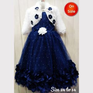 Blue Frock With Removable Fur Over Coat | Rose Flower Design