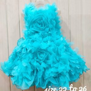 Kids Blue Rose Flower Frock With Inner Cotton Lining