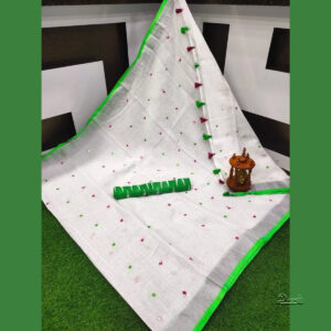 White Handloom Pure Linen Saree With Embroidery Work | Green Border