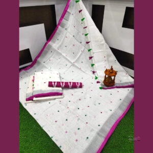White Handloom Pure Linen Saree With Embroidery Work | Purple Border