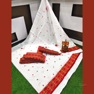 White Handloom Pure Linen Saree With Embroidery Work | Abstract Red Border