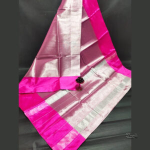 Plain Silver Tissue Saree | Large Pink Border