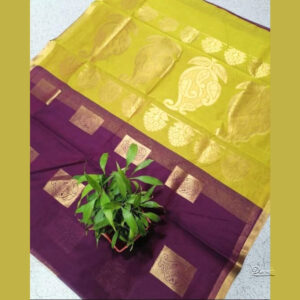 Mustard Yellow & Purple Silk Cotton Saree | Mango Design
