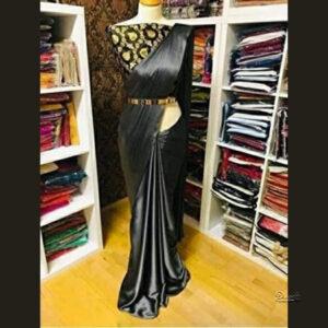 Grey Plain Satin Saree With Unstitched Black Blouse