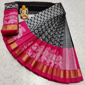 Traditional Collection | Cotton Black & Silver Saree With Pink Mundhi