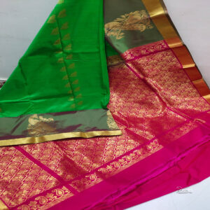 Traditional Collection | Cotton Green Saree With Pink Mundhi