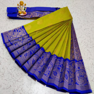 Traditional Collection | Cotton Lemon Green Saree With Blue Mundhi