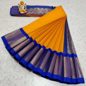 Traditional Collection | Cotton Yellow Saree With Blue Mundhi