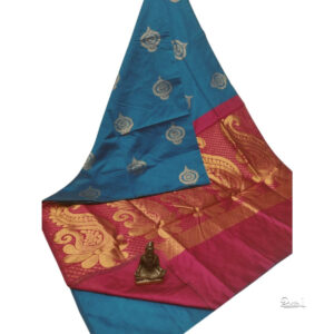 Turquoise Green Silk Cotton Saree With Contrast Blouse